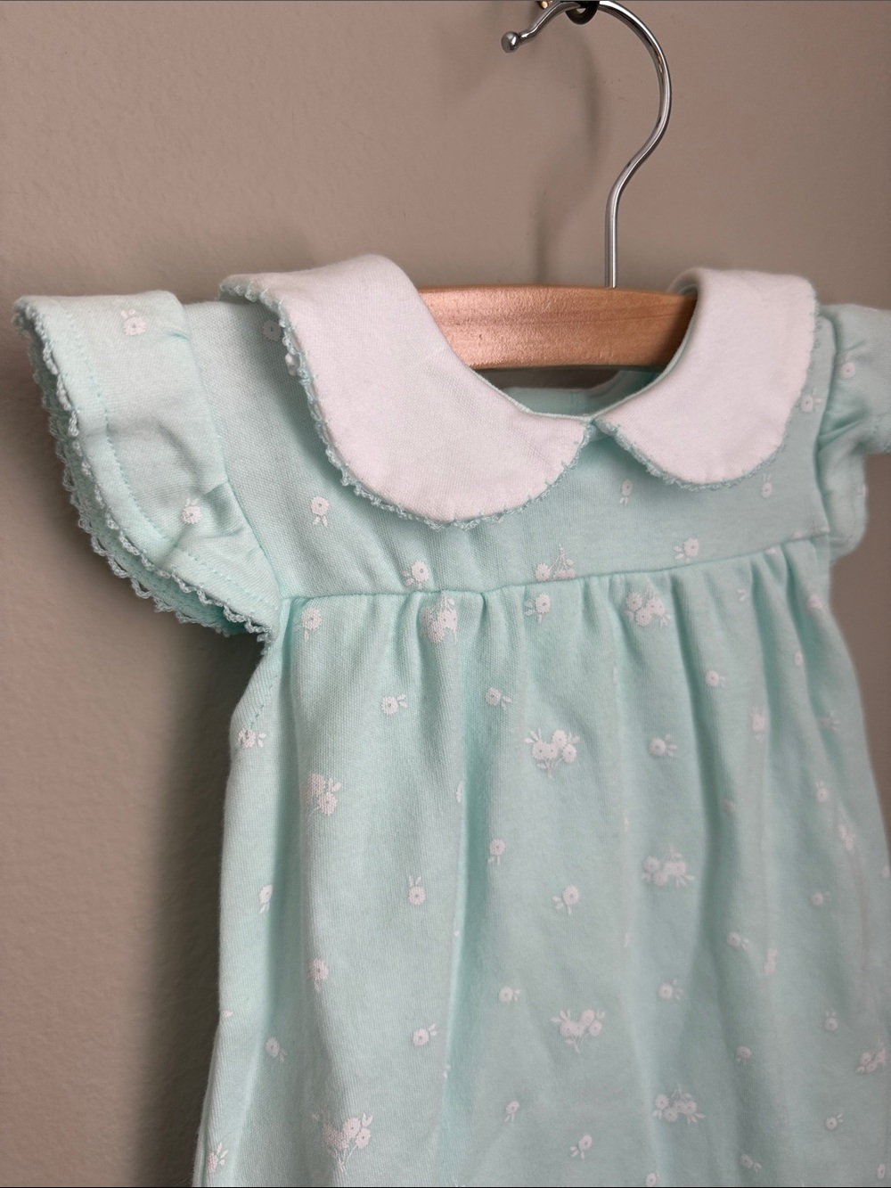 TRES BEAU ET BELLE Baby Girl Mint Peter Pan Collar Romper Size 6-9 Months - Picture 3 of 7